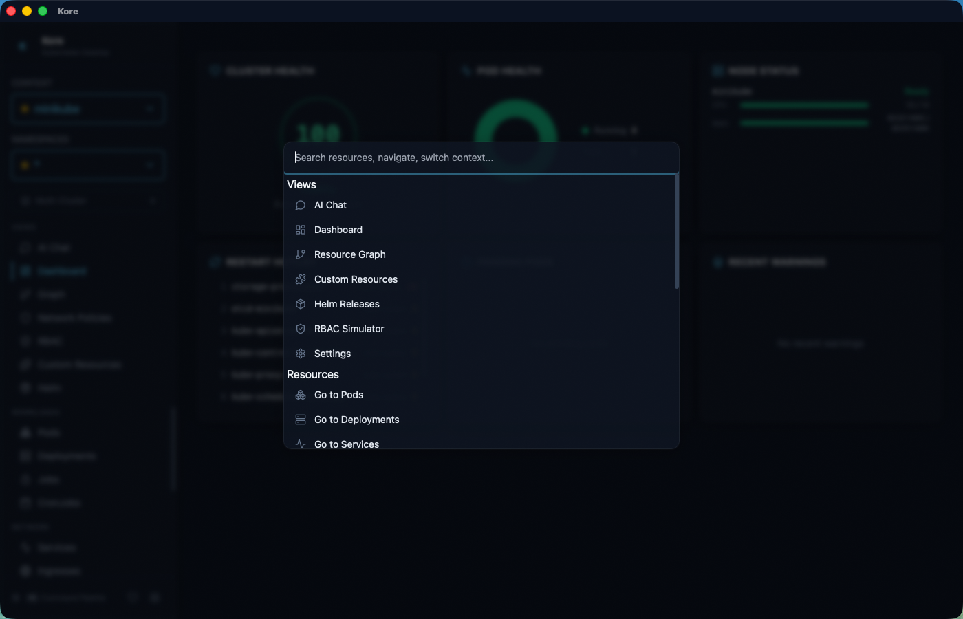 Command palette for instant access to resources, views, and actions