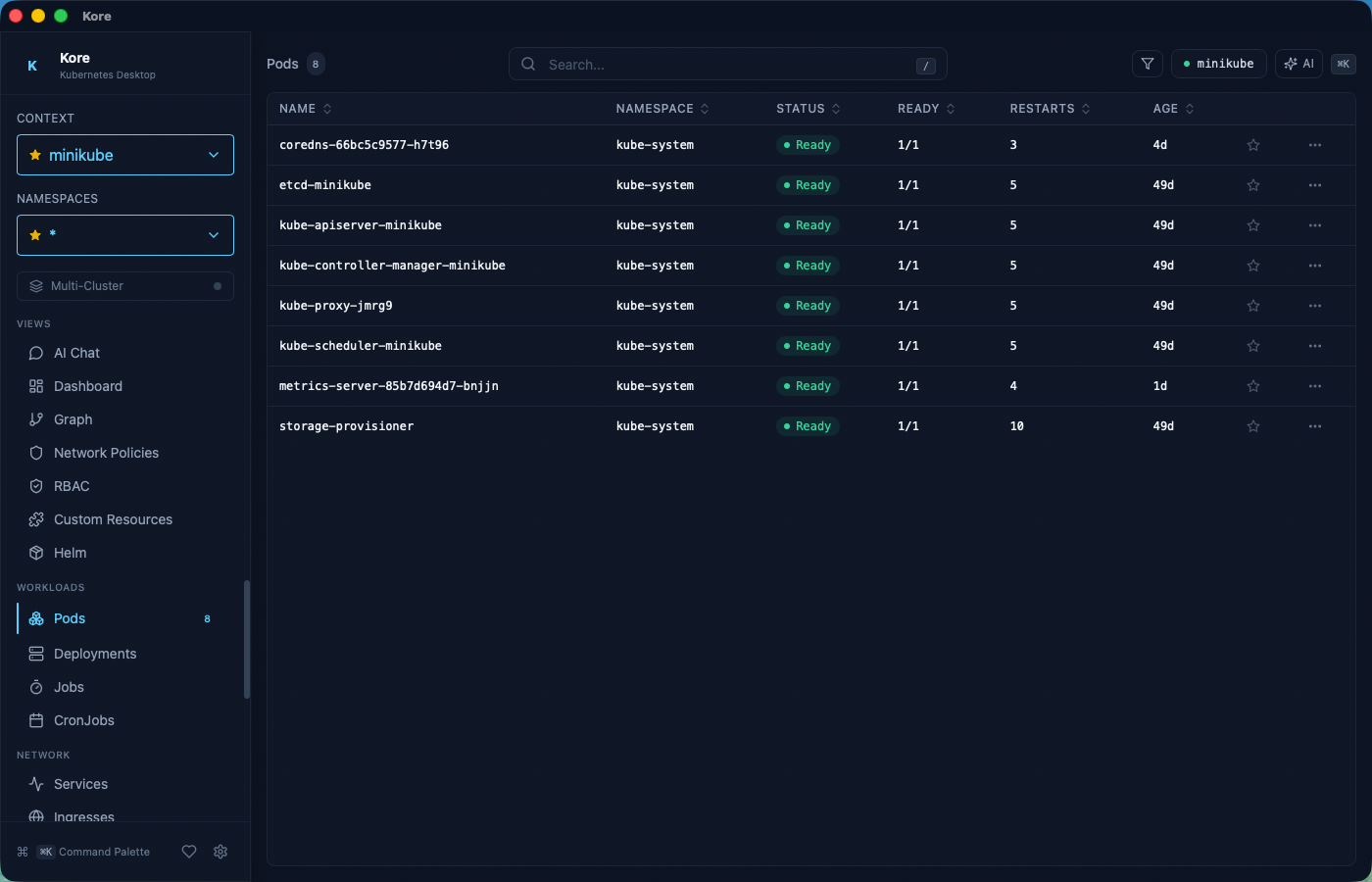 Kore resource table showing pods with real-time status, sidebar navigation, and search